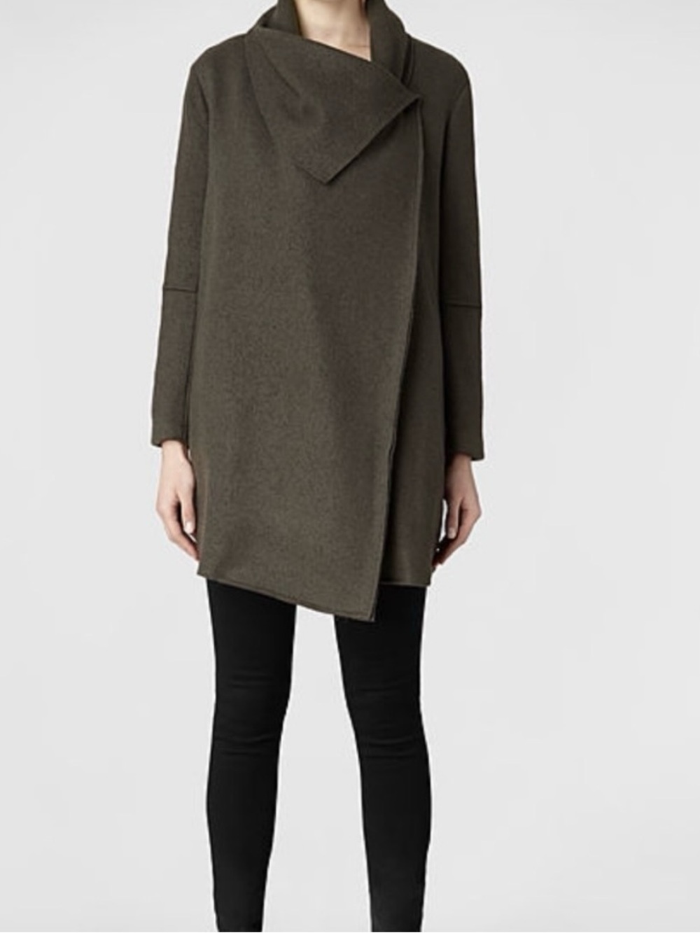 All Saints Lendra Asymmetric 100% Wool Wrap Coat Lobster Clasp Brown Grey 10